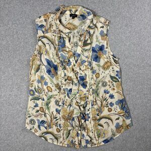 Talbots Blouse Women 10 Floral Beige Silk/Cotton Ruffle Sleeveless Business Top
